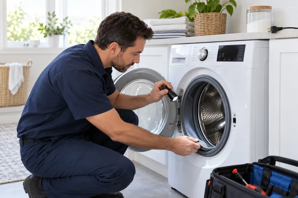 Appliance technician inspecting a household washing machine