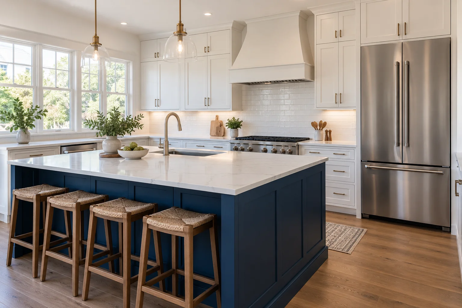 Modern residential kitchen with a stainless steel refrigerator and range